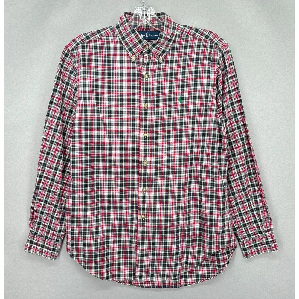 Ralph Lauren Shirt Mens Medium Red Green Plaid Button Down Tartan‎ Twill Vintage